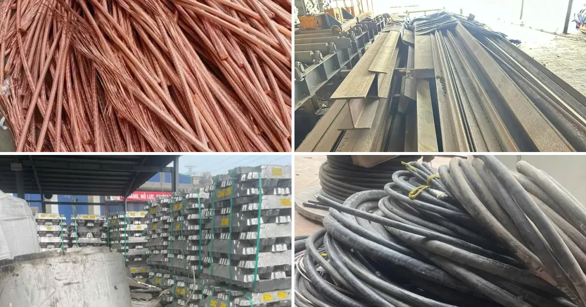 Ảnh thật tại kho Phế Liệu Tiến Lục: dây đồng đỏ, thép hình, nhôm thỏi và cáp điện phế liệu