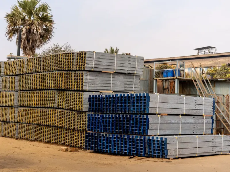 Thép hình xếp chồng tại bãi tập kết