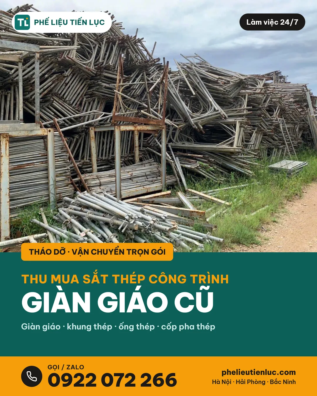 Thu mua sắt thép công trình, giàn giáo cũ: ảnh thật bãi giàn giáo, khung thép của Phế Liệu Tiến Lục