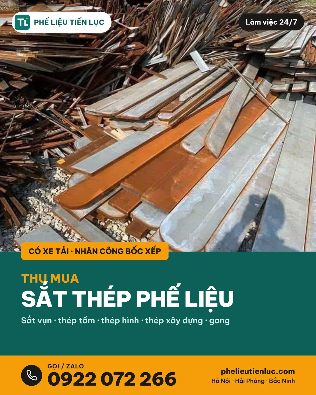 Thu mua sắt thép phế liệu: ảnh thật thép tấm, sắt vụn tại bãi của Phế Liệu Tiến Lục